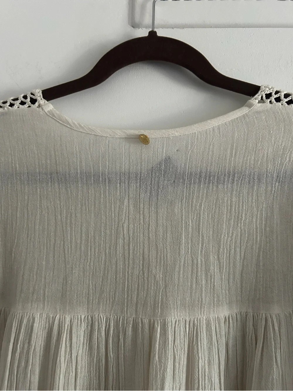Antik Batik Cream Cotton Crepe Crochet Openwork Boho Prairie Dress XS Sheer